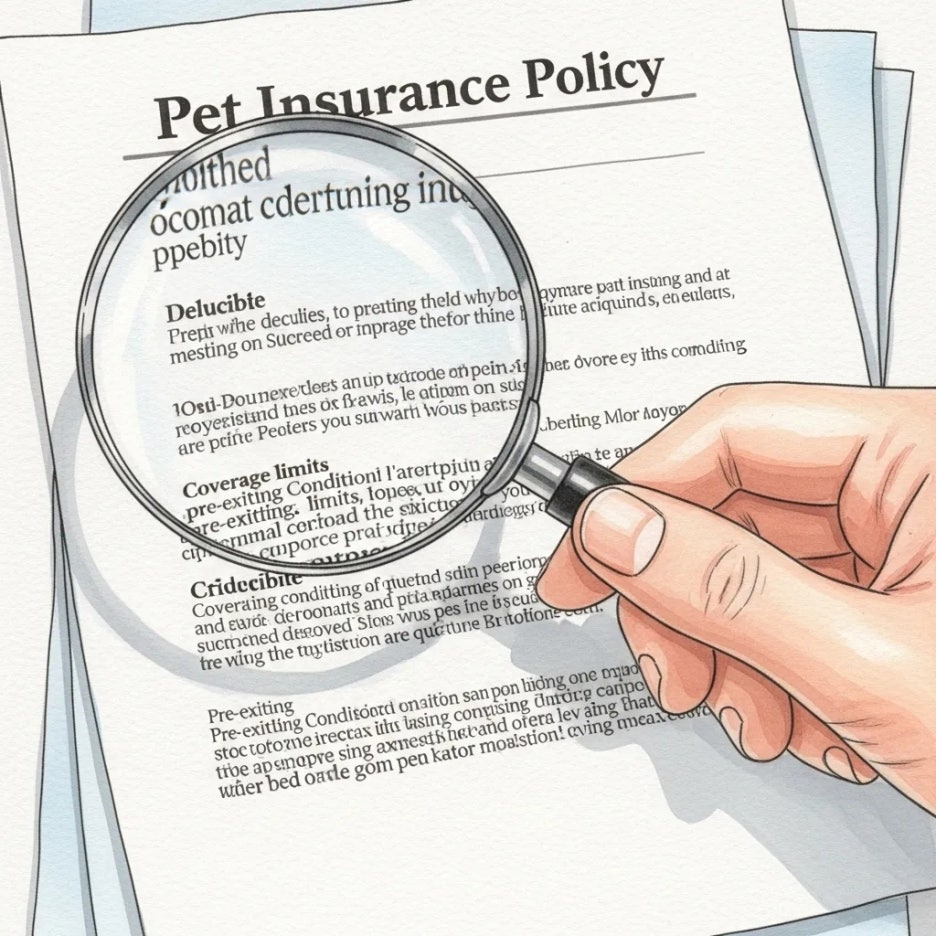 펫보험 약관을 돋보기로 꼼꼼히 살펴보는 손