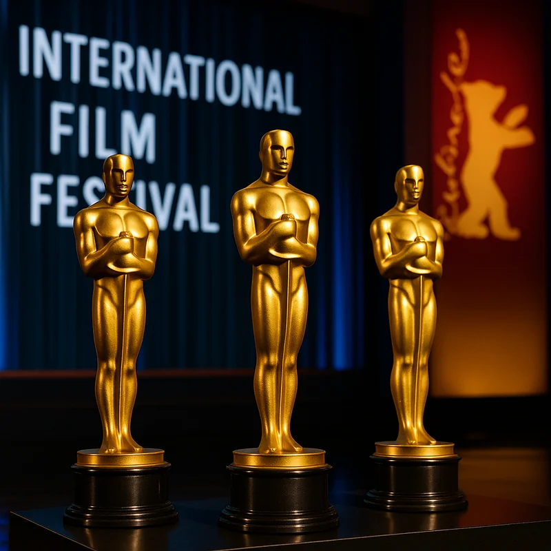 세계 3대 영화제를 상징하는 황금 트로피와 시상식 무대 장면