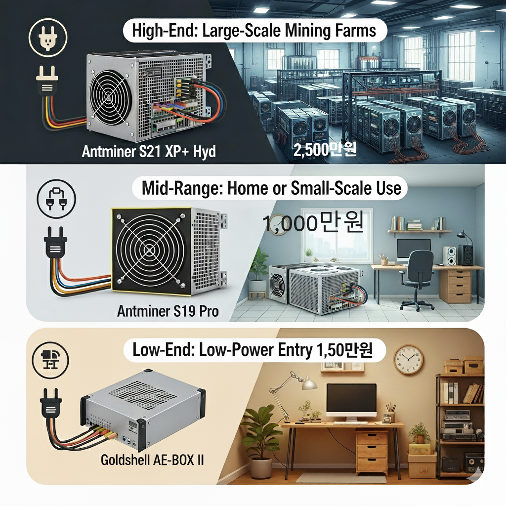 채굴기 고가, 중가, 저가 모델의 대표 이미지