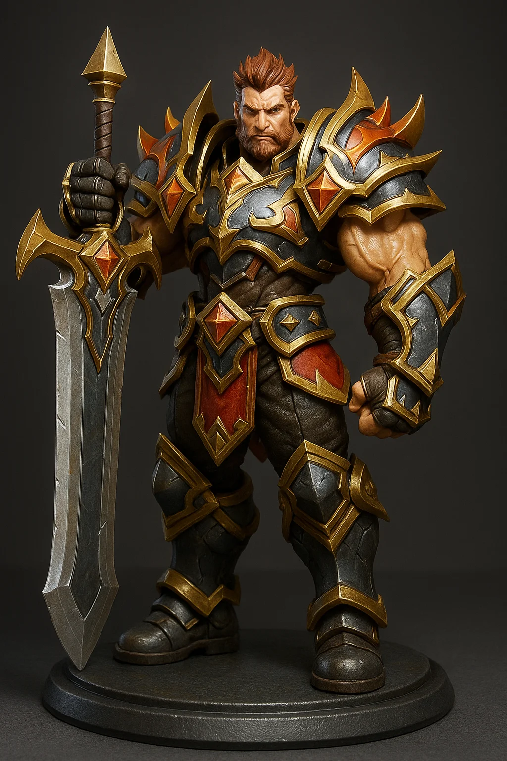 판타지 RPG 전사 캐릭터 피규어, 근육질 체형, 화려한 갑옷과 검, 3D 모델링 느낌, 게임 캐릭터 생성, 강렬한 색채와 날카로운 조형미, 피규어 스타일링 최적화
