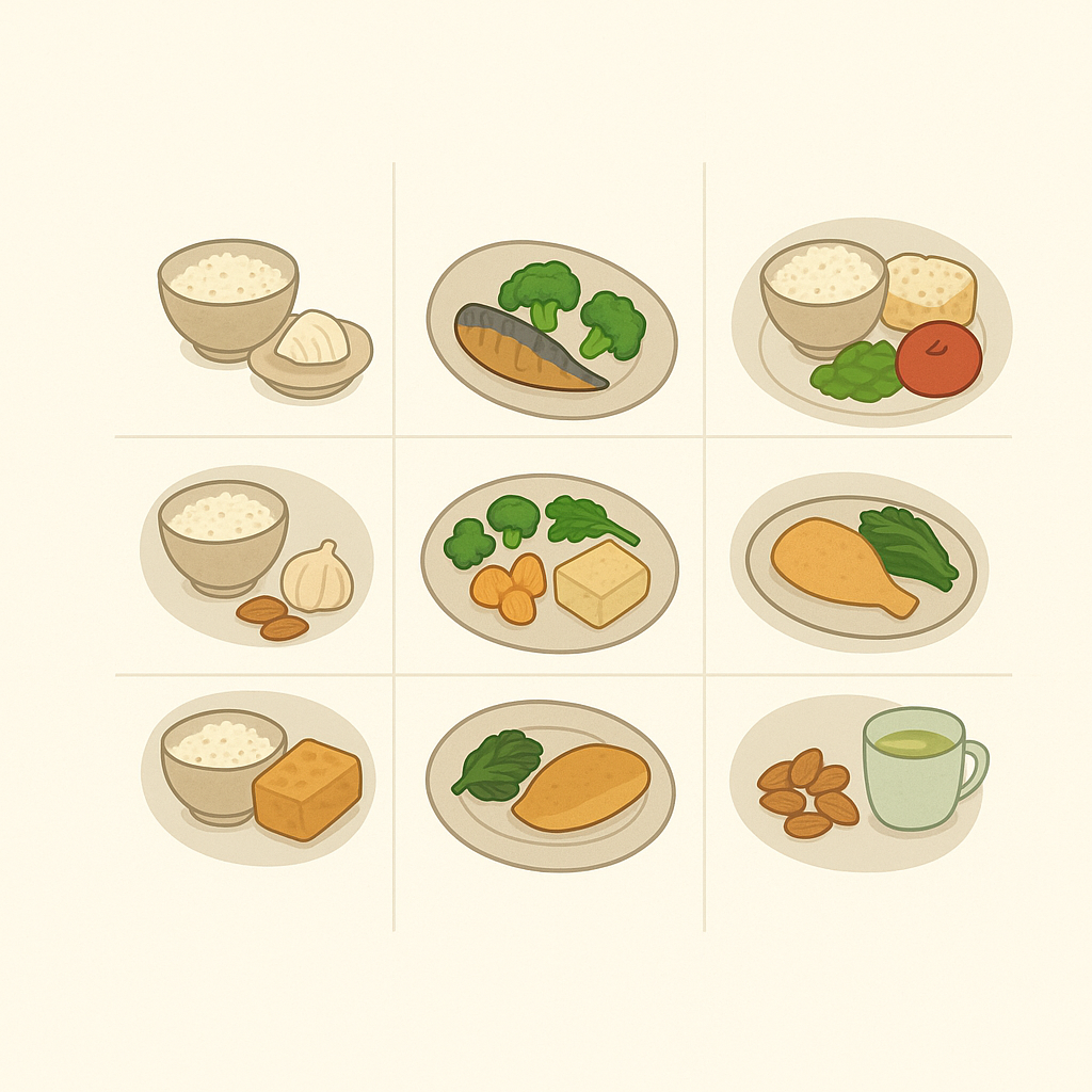 비알코올성 지방간에 좋은 음식으로 구성된 3일 식단 예시를 일러스트로 표현한 그림. 현미밥, 두부, 고등어, 연어, 마늘, 브로콜리, 시금치, 아몬드, 사과, 녹차가 아침&middot;점심&middot;저녁&middot;간식에 고루 배치되어 있다.