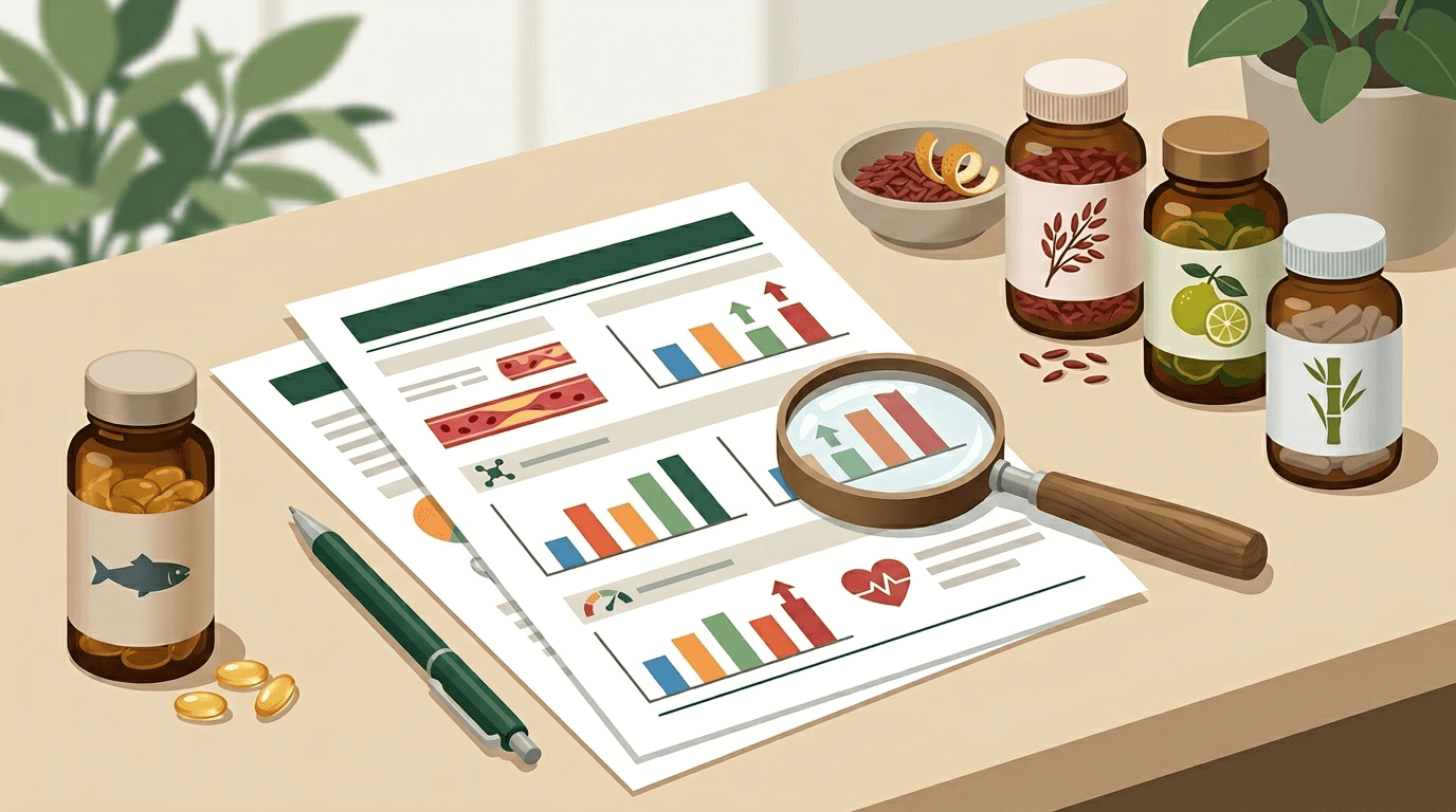 콜레스테롤 성분 비교와 선택 순서를 보여주는 검진표 중심 일러스트