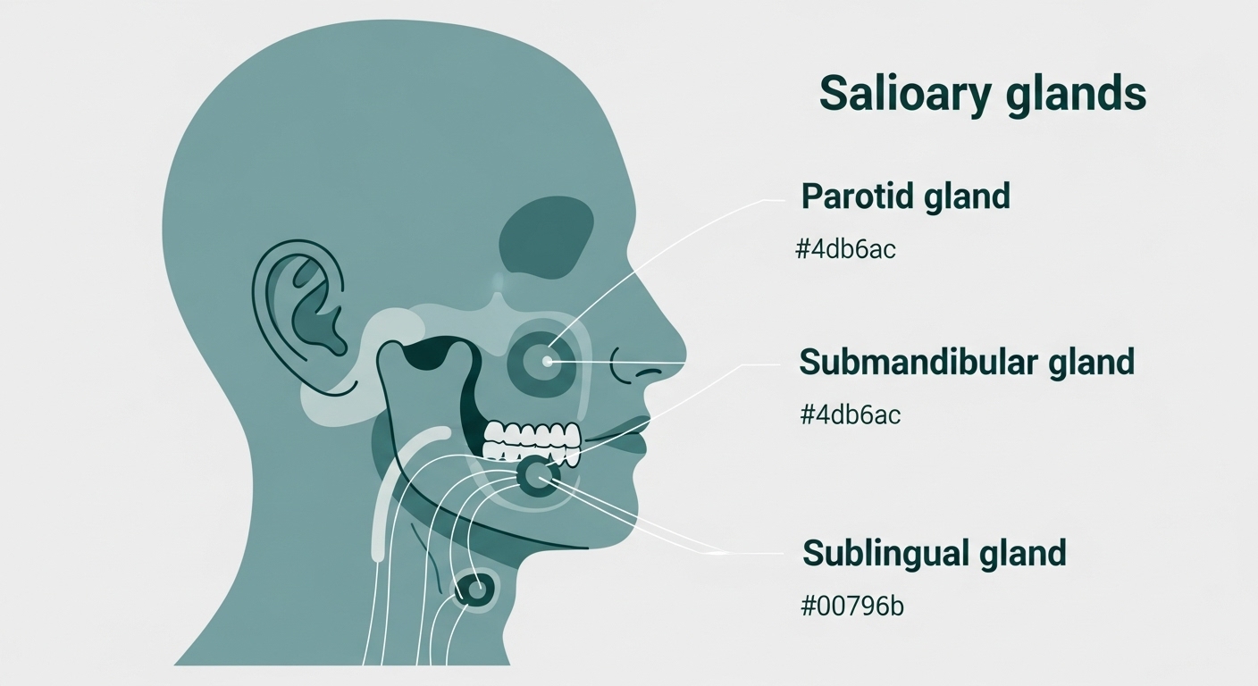 사람의 얼굴과 목에 위치한 귀밑샘, 턱밑샘, 혀밑샘 등 세 가지 주요 침샘을 보여주는 해부학적 다이어그램.