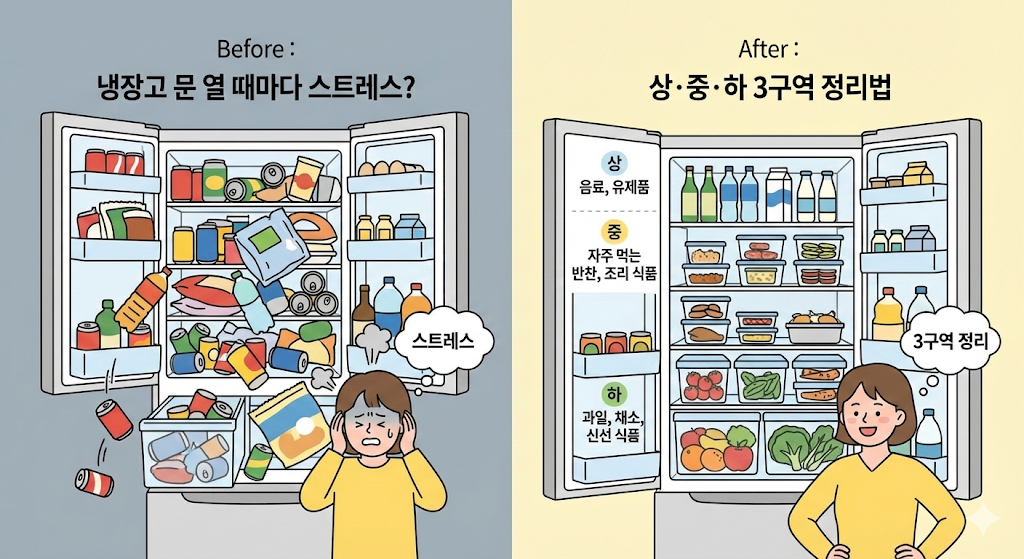 냉장고 문 열 때마다 스트레스? 상&middot;중&middot;하 3구역 정리법