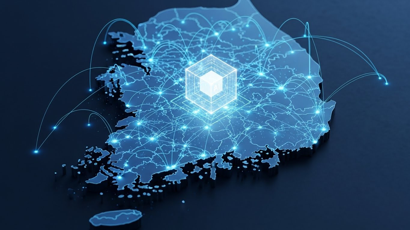 A futuristic map of South Korea with glowing blue digital neural networks connecting across the land. A shining cube representing AI floats in the center. Overall professional and trustworthy deep blue tone, 3D isometric design.