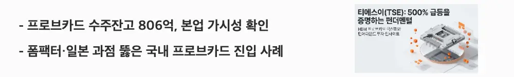 티에스이 주가전망: '프로브카드 수주잔고 806억, 본업 가시성 확인'이라는 문구가 포함된 웹배너 이미지. 이 이미지는 티에스이의 프로브카드 수주잔고 규모와 외산 과점 시장 진입이라는 경쟁 구도를 시각적으로 전달하며, 블로그의 티에스이 주가 전망 주제와 관련된 내용을 설명함