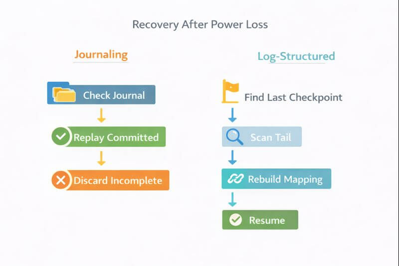 전산학에서 전원 장애가 발생한 뒤 재부팅 시 저널링은 저널을 확인해 완료된 작업을 반영하고 미완료 작업을 정리하며, 로그 구조 스토리지는 마지막 체크포인트를 찾고 이후 로그를 재생 또는 무시해 일관성을 회복하는 복구 흐름도