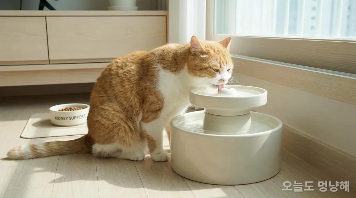 고양이 정수기에서 물을 마시고 신장 처방 사료를 먹는 건강한 고양이의 모습