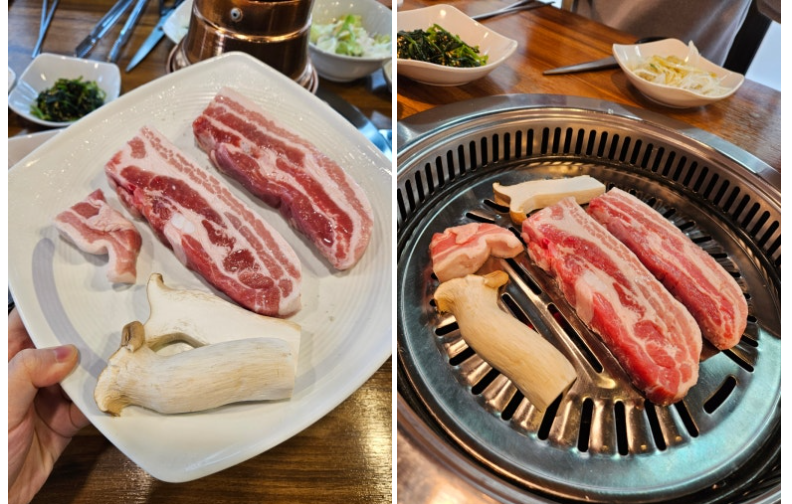 선홍빛 빛깔이 선명한 고품질 한돈 생삼겹살의 신선한 상태
