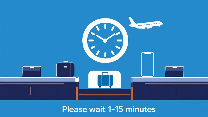 수하물 위탁 후 최소 10~15분 대기해야 하는 이유를 직관적으로 보여주는 안내 이미지. 캐리어, 시계, 휴대폰 아이콘으로 대기 필요성을 강조.