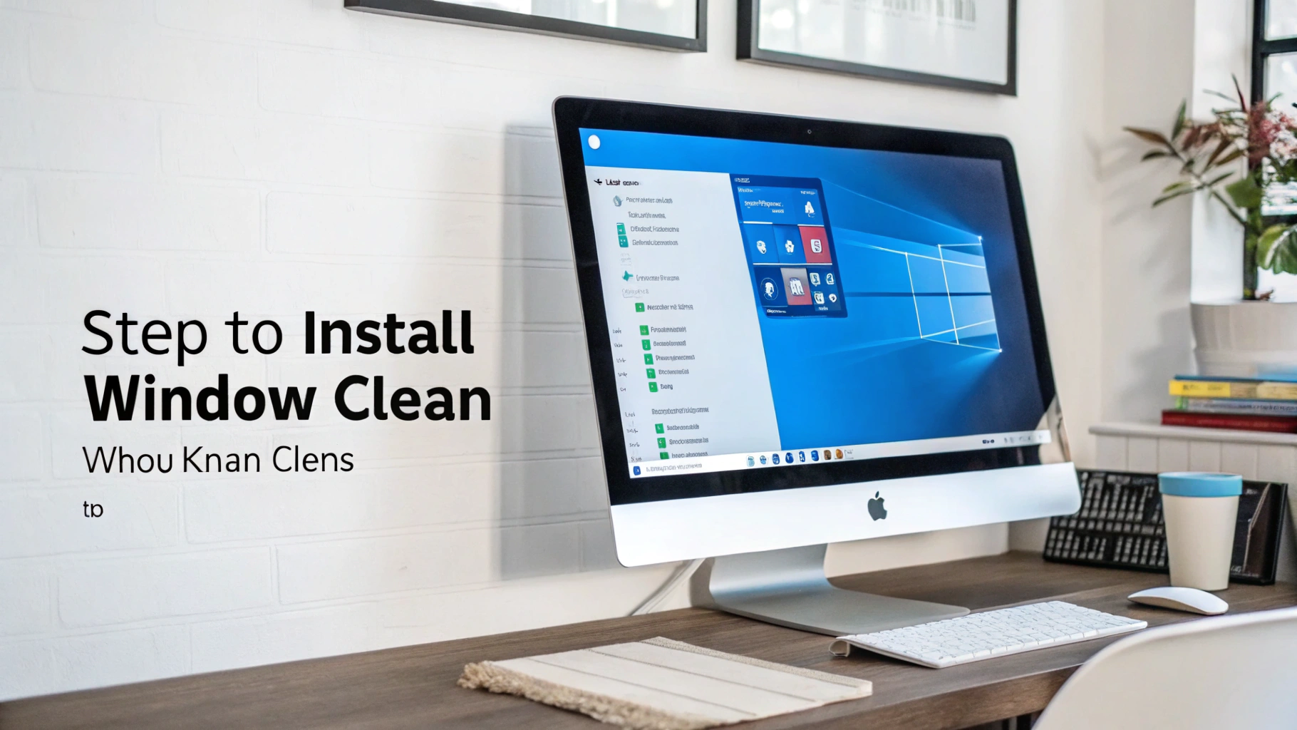 모던한 책상 위에 놓인 아이맥 모니터에 Windows 운영체제가 실행되고 있으며, 왼쪽 벽면에는 ‘Step to Install Window Clean’이라는 문구가 크게 표시되어 있음. 화면 하단의 텍스트와 프로그램 이름 등은 철자가 틀리거나 비정상적으로 표기되어 있음. 배경에는 식물과 책, 머그컵 등이 인테리어 요소로 배치되어 있음.