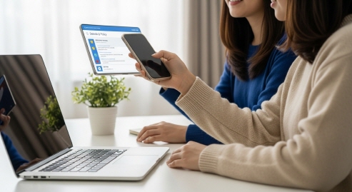 실내에서 노트북과 스마트폰을 동시에 사용하는 장면