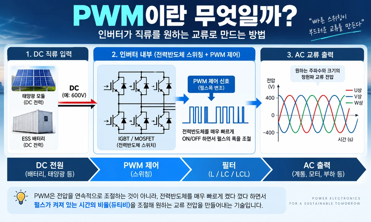 태양광과 ESS의 직류 전원이 PWM 인버터와 필터를 거쳐 교류 출력으로 변환되는 전체 동작 흐름