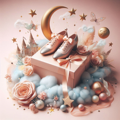 구름과 꽃, 별과 달이 장식된 꿈의 신발을 강조하는 이미지입니다.