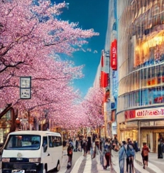 도시에 벚꽃이 예쁘게 피어있는 모습