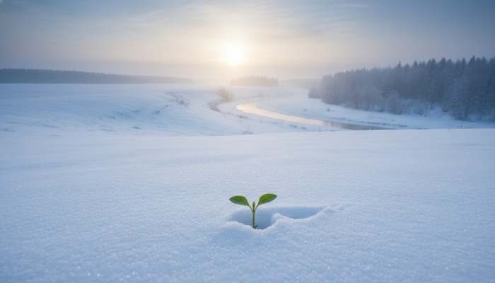 눈 덮인 대지 위로 솟아오른 작은 초록색 새싹과 떠오르는 겨울 햇살, 희망찬 2월의 분위기