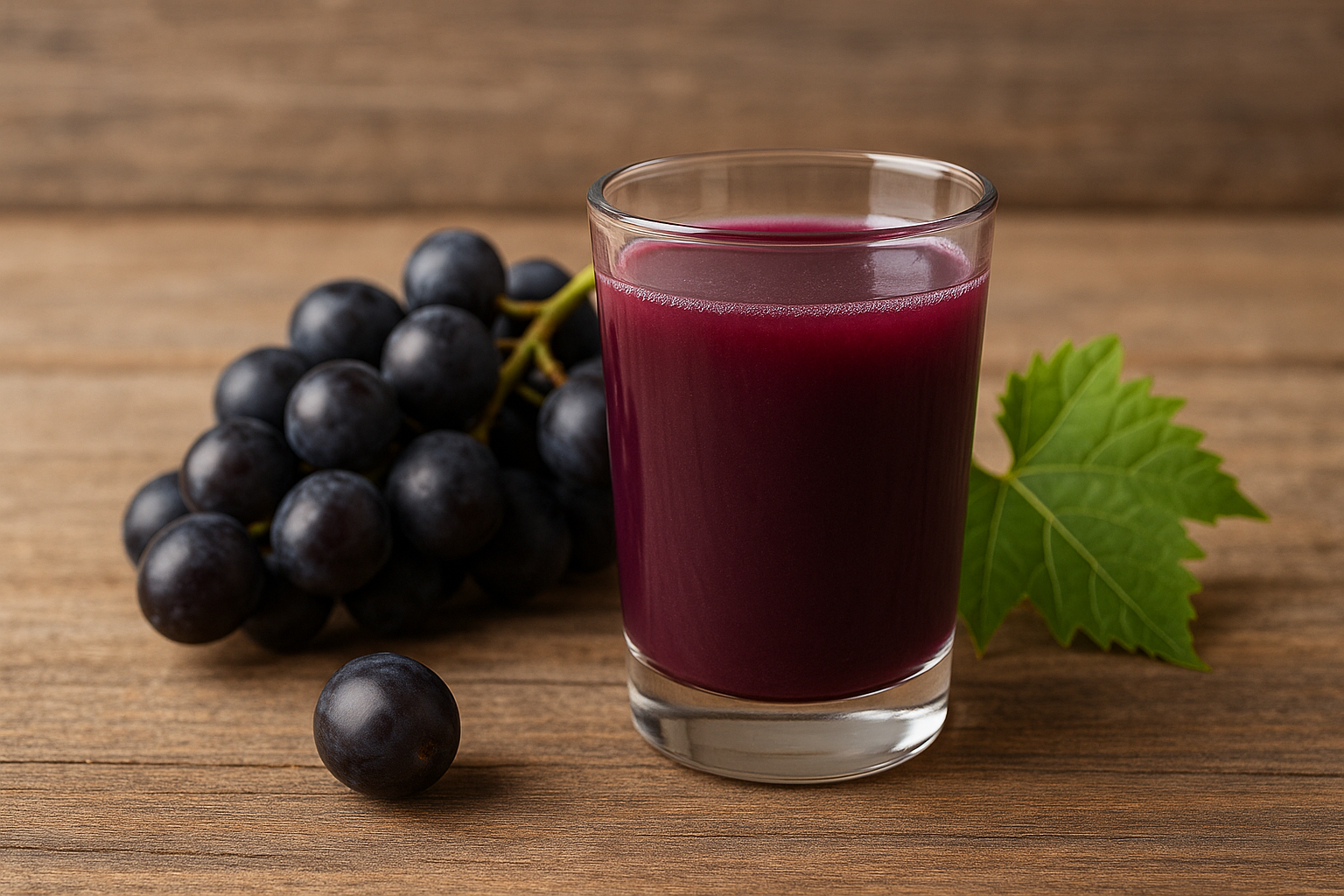 포도 한 송이와 함께 놓인 포도즙 한 잔 클로즈업