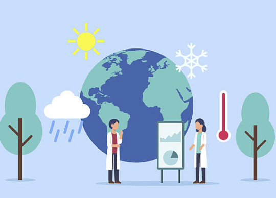 “지구 온도 상승, 환경 파괴, 친환경적 해결 방안을 설명하는 일러스트 이미지”