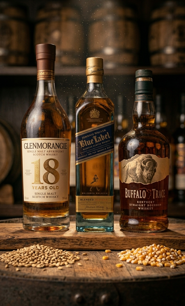보리 맥아, 옥수수 등 위스키 원재료와 함께 놓인 싱글몰트, 블렌디드, 버번 위스키 병들의 세로형 레이아웃 이미지.