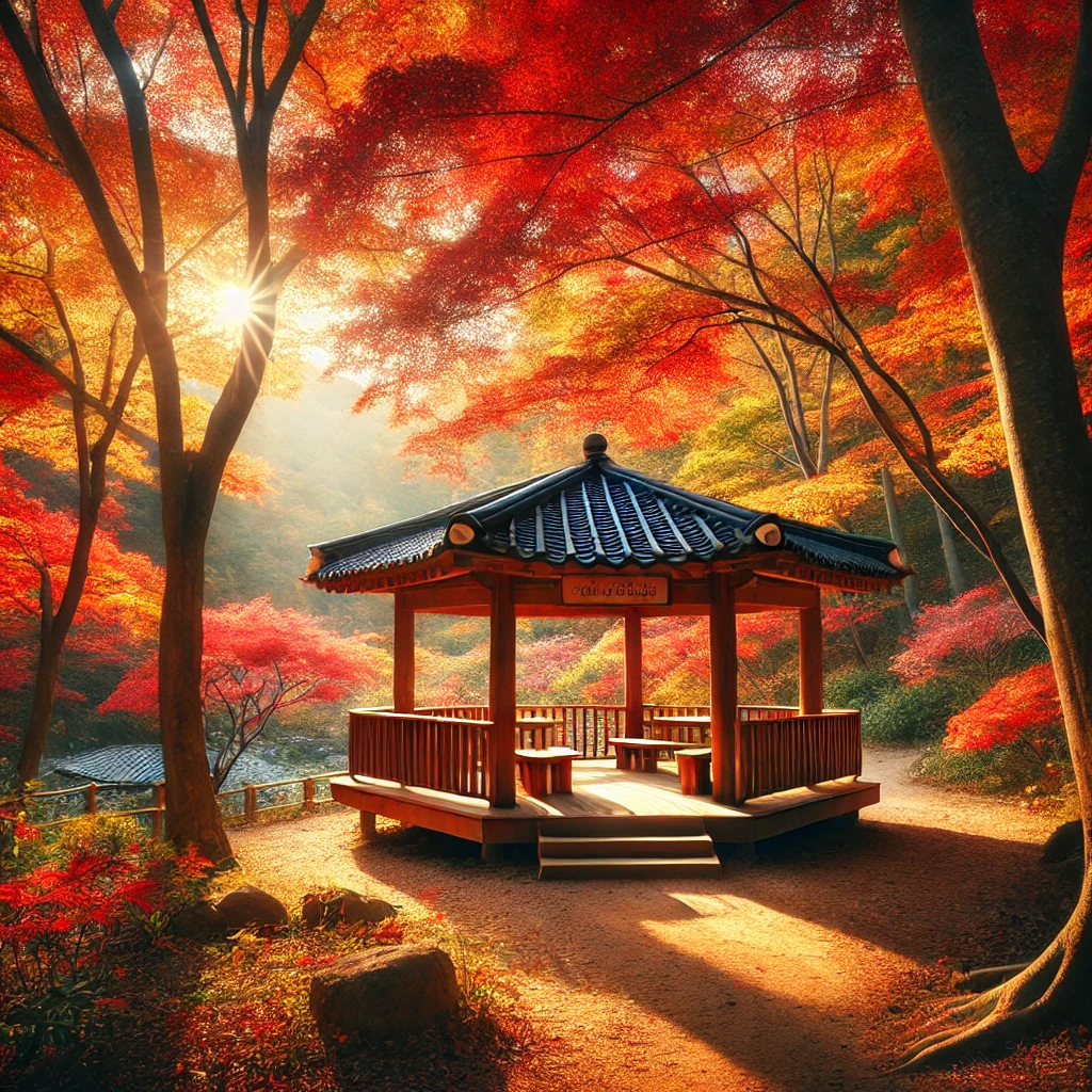 화담숲의 단풍나무로 둘러싸인 고요한 목재 정자