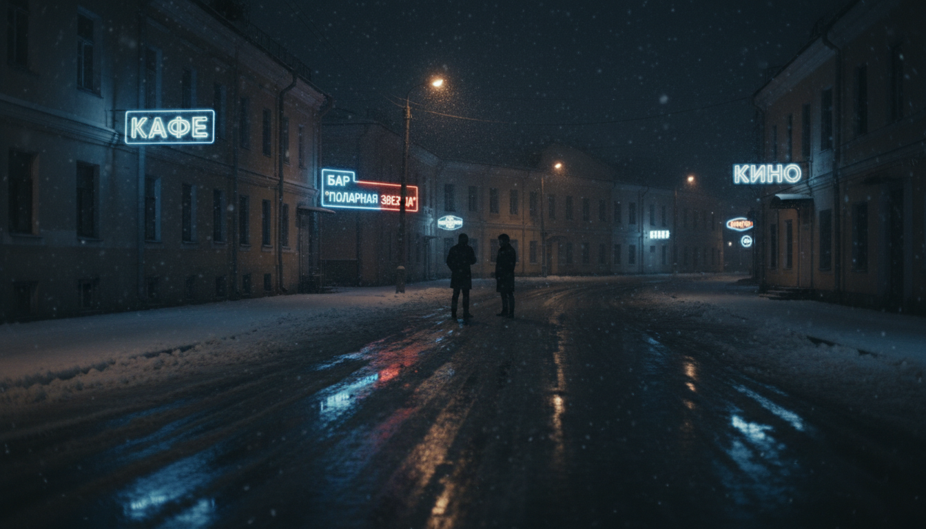 블라디보스토크의 눈 내리는 밤거리에서 서로 대치하고 있는 남북한 첩보 요원의 실루엣, 영화 휴민트의 긴장감 넘치는 분위기를 표현한 이미지