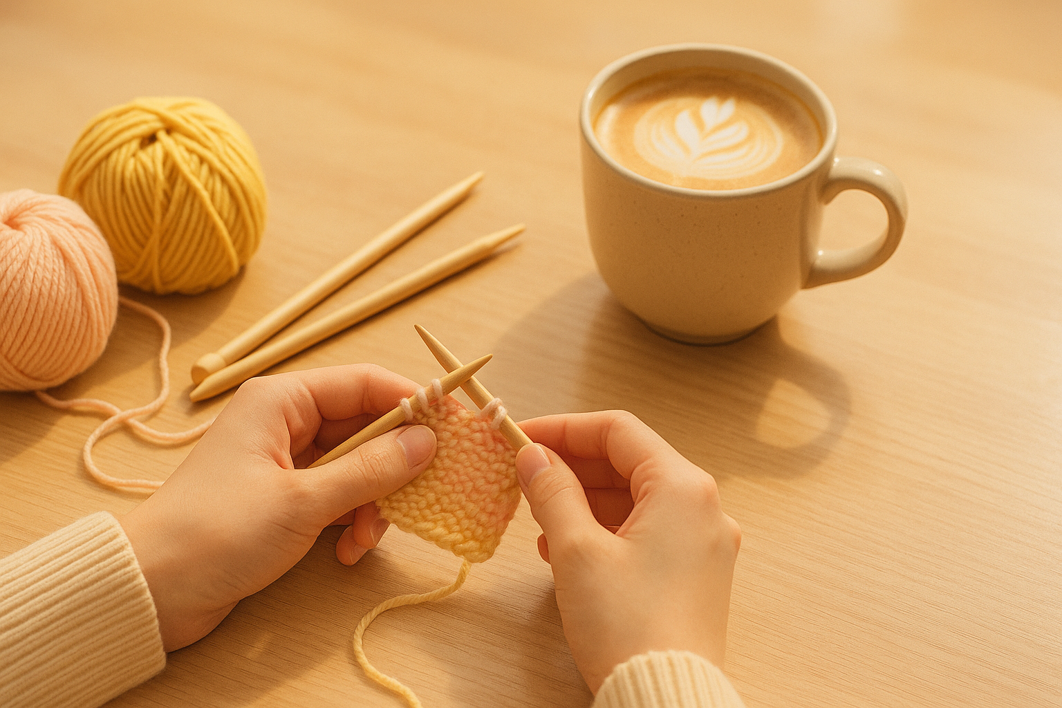 밝은 원목 테이블 위에서 흰 손수건에 꽃무늬 자수를 놓는 손의 모습. 자수틀 안에는 노랑·분홍 꽃이 섬세하게 놓여 있고, 옆에는 완성된 손수건과 커피잔이 놓여 따뜻한 분위기를 전한다.