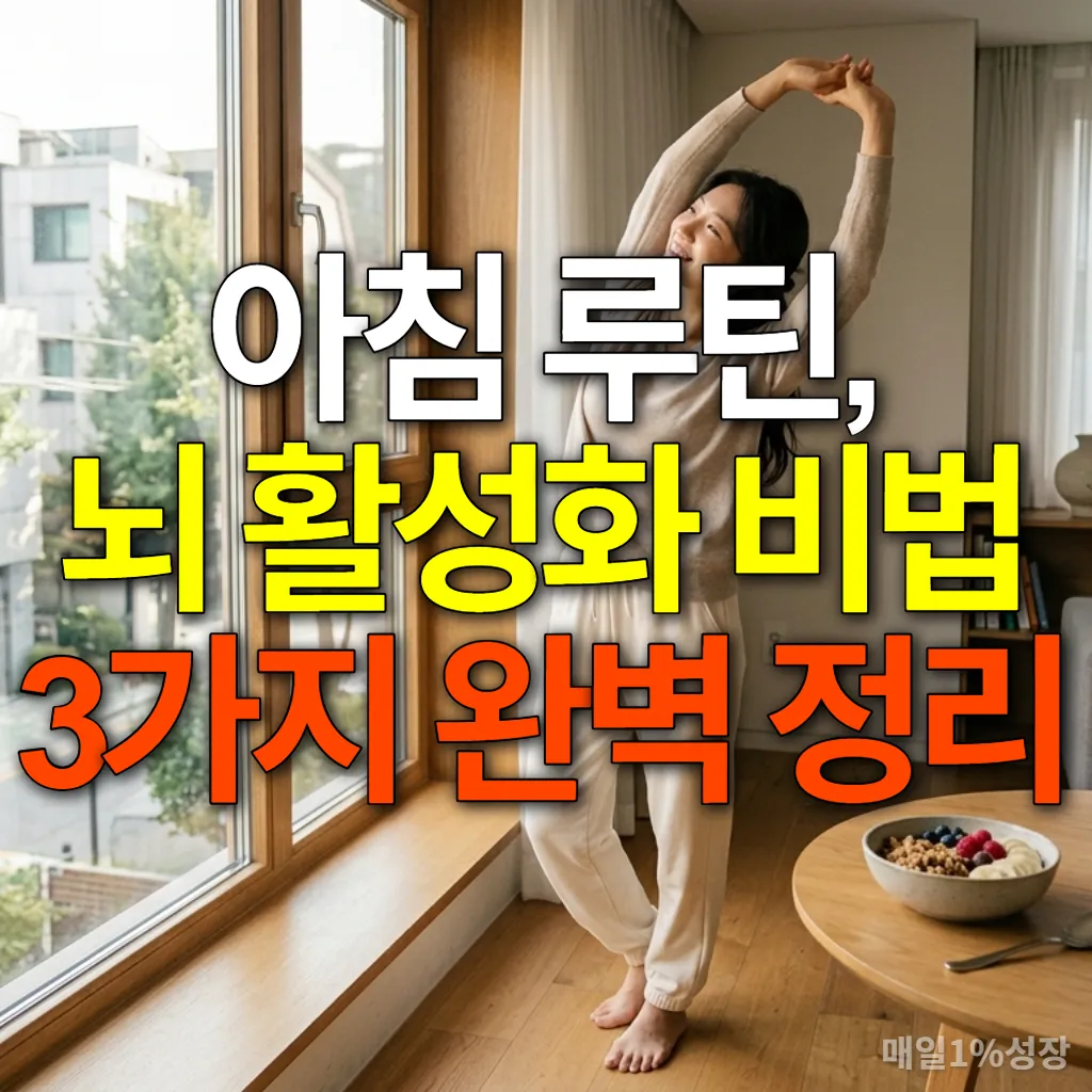 창가에서 아침 햇살을 받으며 스트레칭하는 젊은 한국 여성, 옆에는 건강한 아침 식사가 놓여 있다.