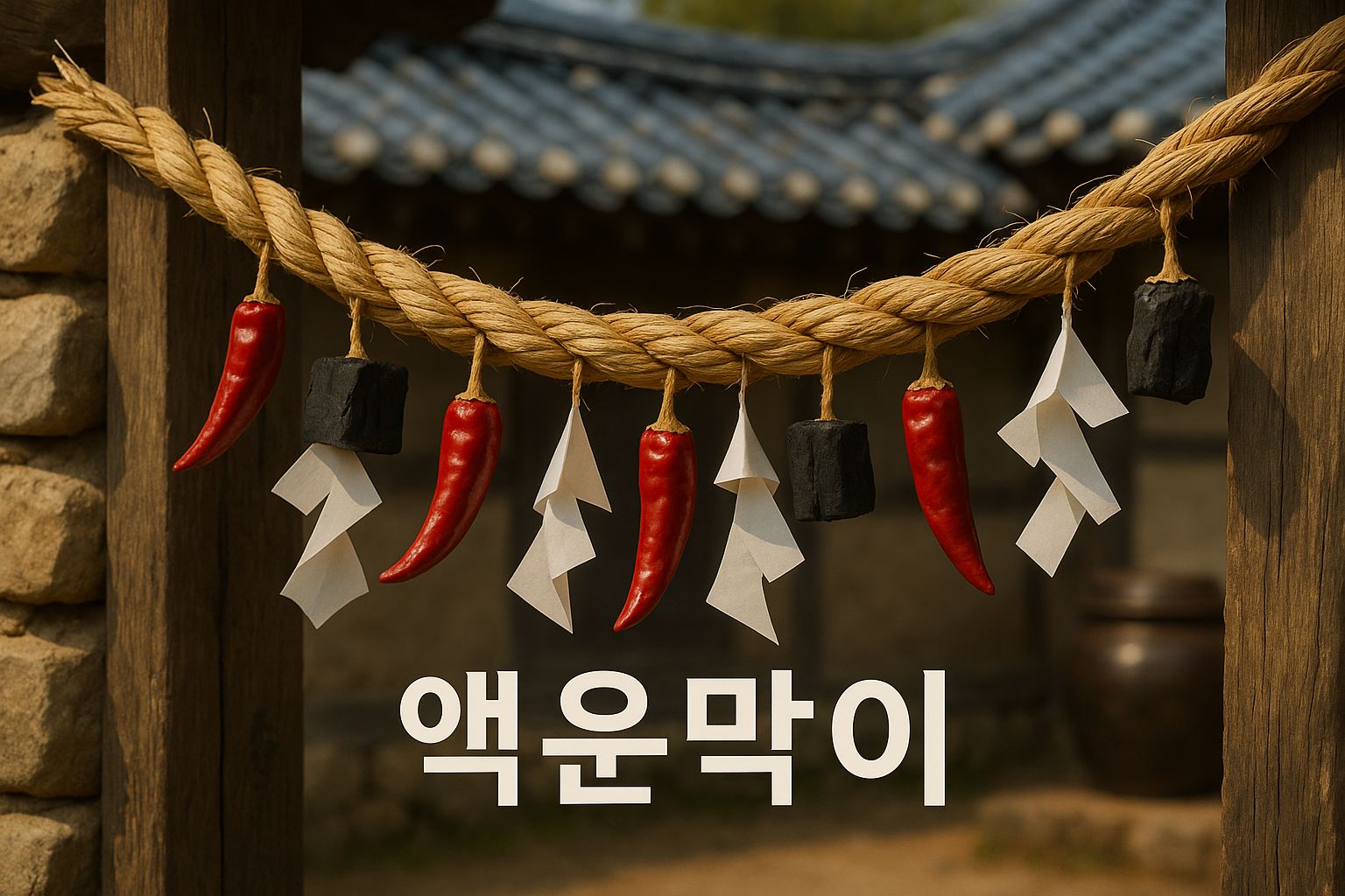 노란 새끼줄에 숯과 붉은 고추, 흰 종이가 함께 매달린 금줄 이미지