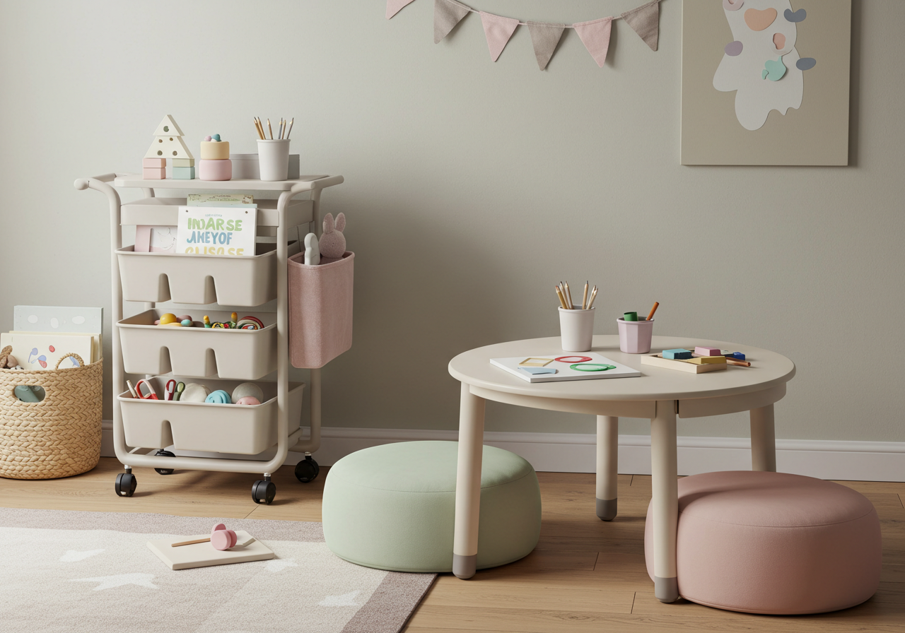 이동식 수납과 미니 테이블이 놓인 놀이공간 구성