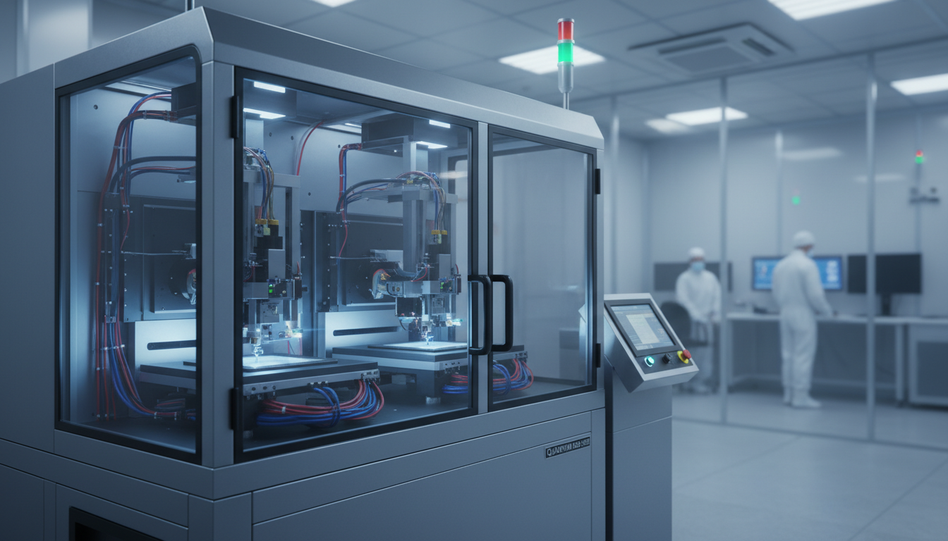 한미반도체 듀얼 TC 본더 장비가 클린룸에서 작동하는 고해상도 렌더링 이미지