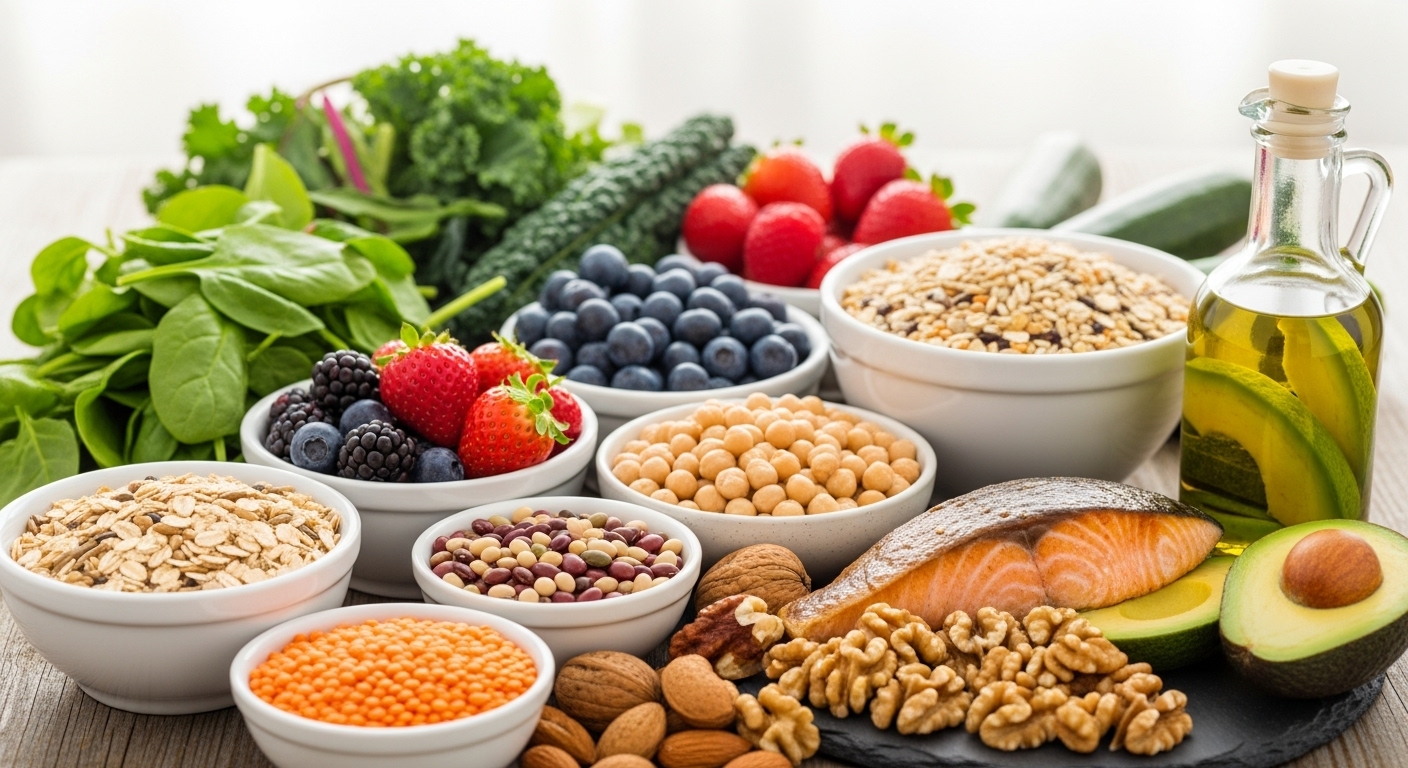 당뇨병 관리에 좋은 신선한 녹색 잎채소, 통곡물, 베리류, 콩류, 견과류, 등푸른생선, 올리브 오일 등이 아름답게 차려진 건강한 식단.