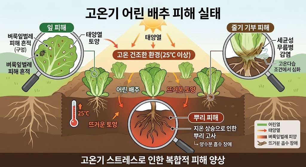 높은 온도로 인해 배추 뿌리와 줄기 밑부분이 손상되는 고온 장애 생리 메커니즘 일러스트