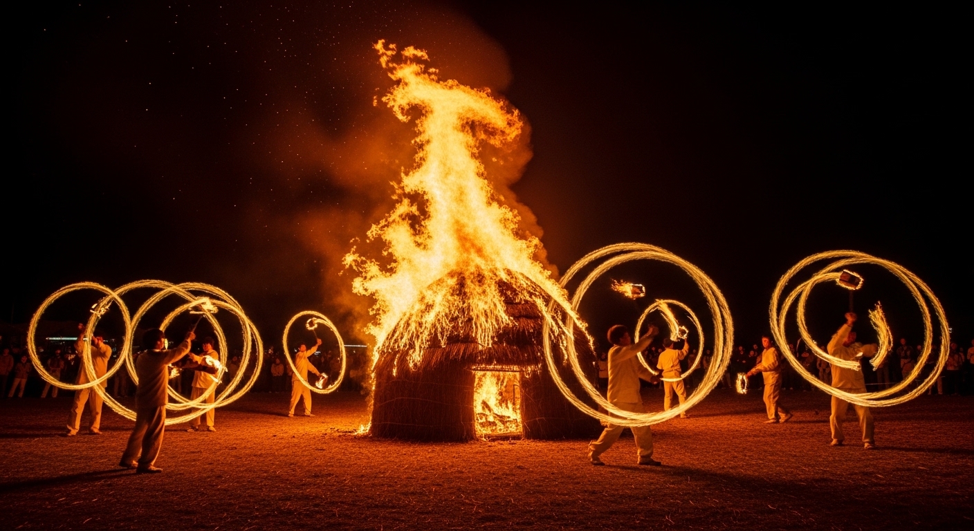 밤하늘 아래 활활 타오르는 달집과 쥐불놀이를 즐기는 아이들의 모습이 담긴 정월 대보름 풍경.