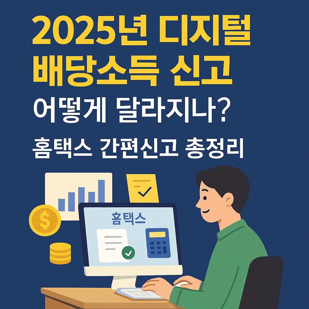 2025년 디지털 배당소득 신고 변화를 설명하는 정사각형 그래픽, 홈택스를 사용하는 남성 일러스트와 신고 절차를 나타내는 아이콘이 함께 배치된 이미지