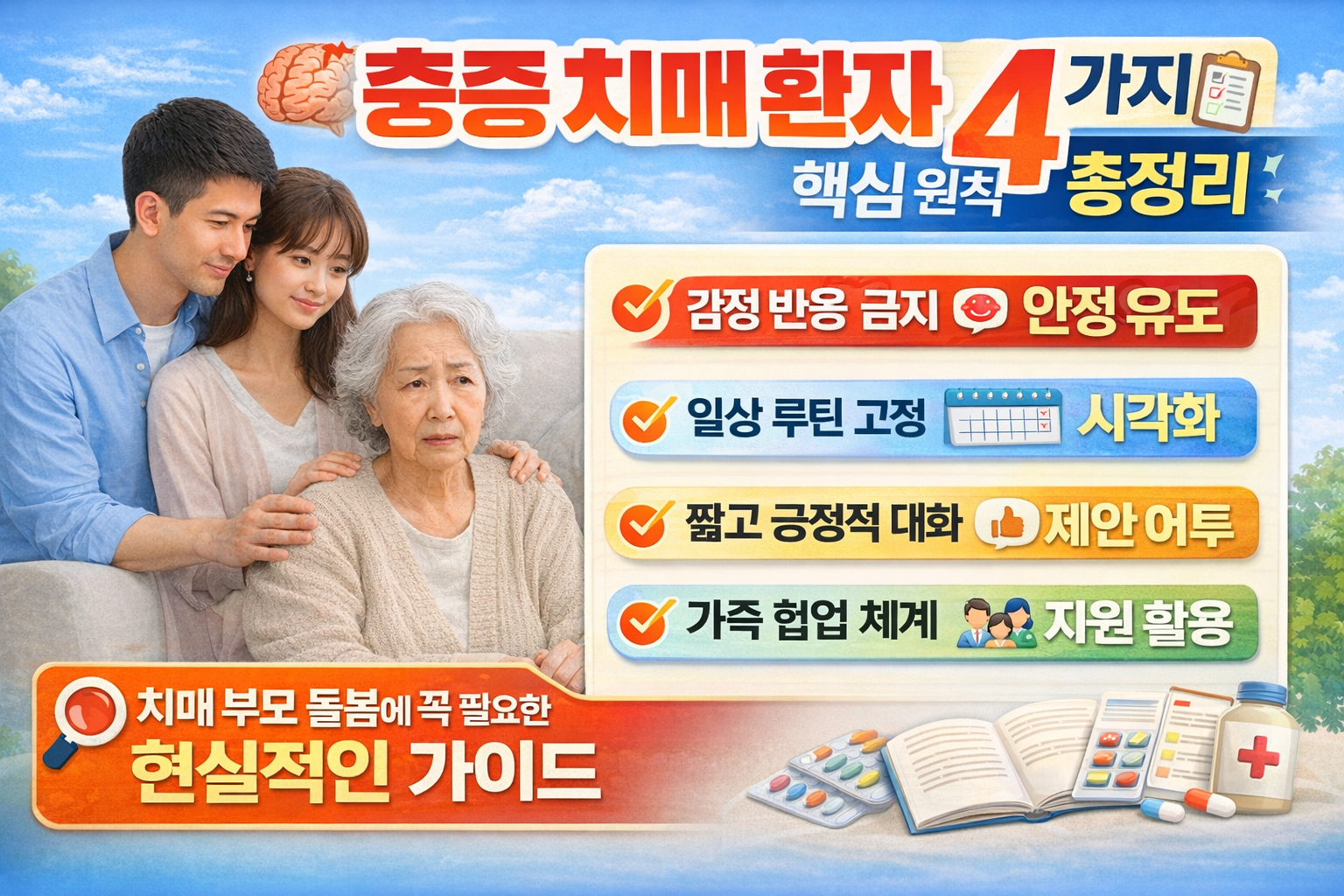 중증 치매 환자 가족 돌봄법을 소개하는 한국어 디지털 썸네일 이미지