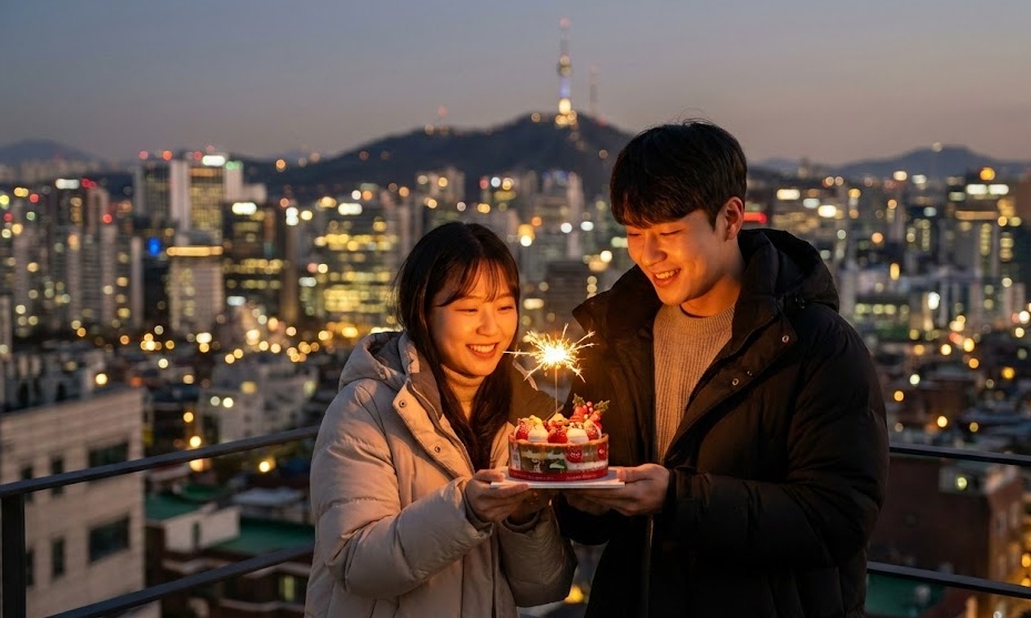 크리스마스 서울 야경을 배경으로 케이크를 들고 있는 커플 데이트 스냅 이미지