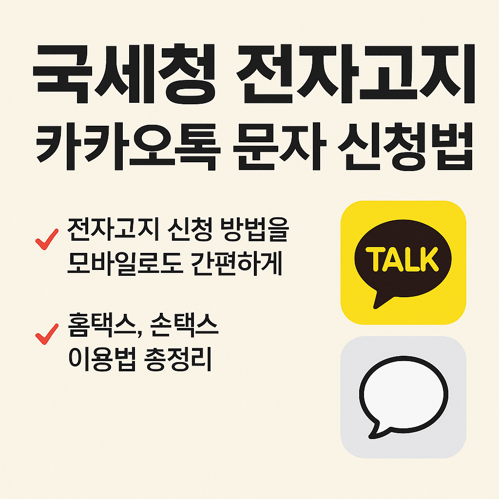 <p style="display:none;">국세청 고지서를 카톡&middot;문자로 받는 법 
전자고지 신청 방법을 모바일로도 간편하게 
홈택스, 손택스 이용법 총정리</p>