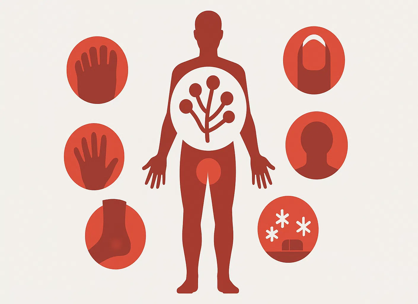 발, 손, 손톱, 사타구니, 몸통에 붉은 원형 하이라이트로 표시된 실루엣 일러스트, 중앙에는 확대된 곰팡이 아이콘