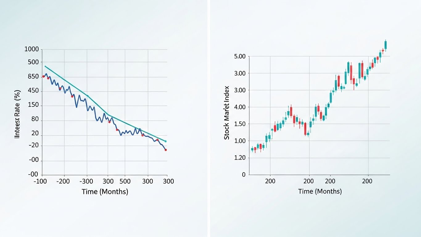 하락하는 금리 그래프와 상승하는 주식 시장을 나타내는 이미지