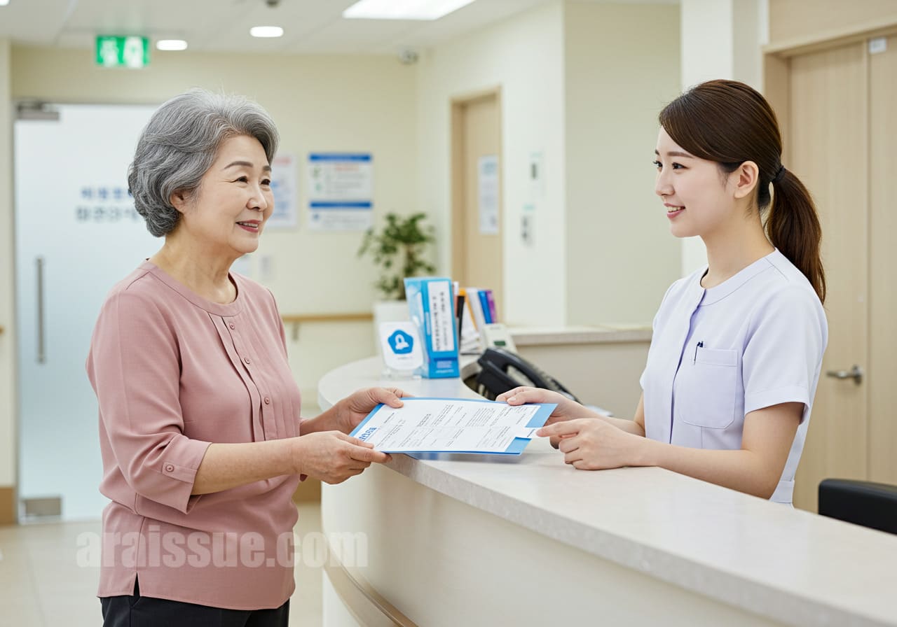 고령의 한국 여성이 병원 접수창구에서 실손보험 청구서류가 담긴 폴더를 건네며 직원에게 문의하고 있습니다. 청구 준비 과정을 현실적으로 보여줍니다.