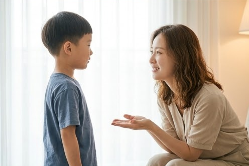 아들의 눈높이에 맞춰 몸을 낮추고 손을 내미는 엄마