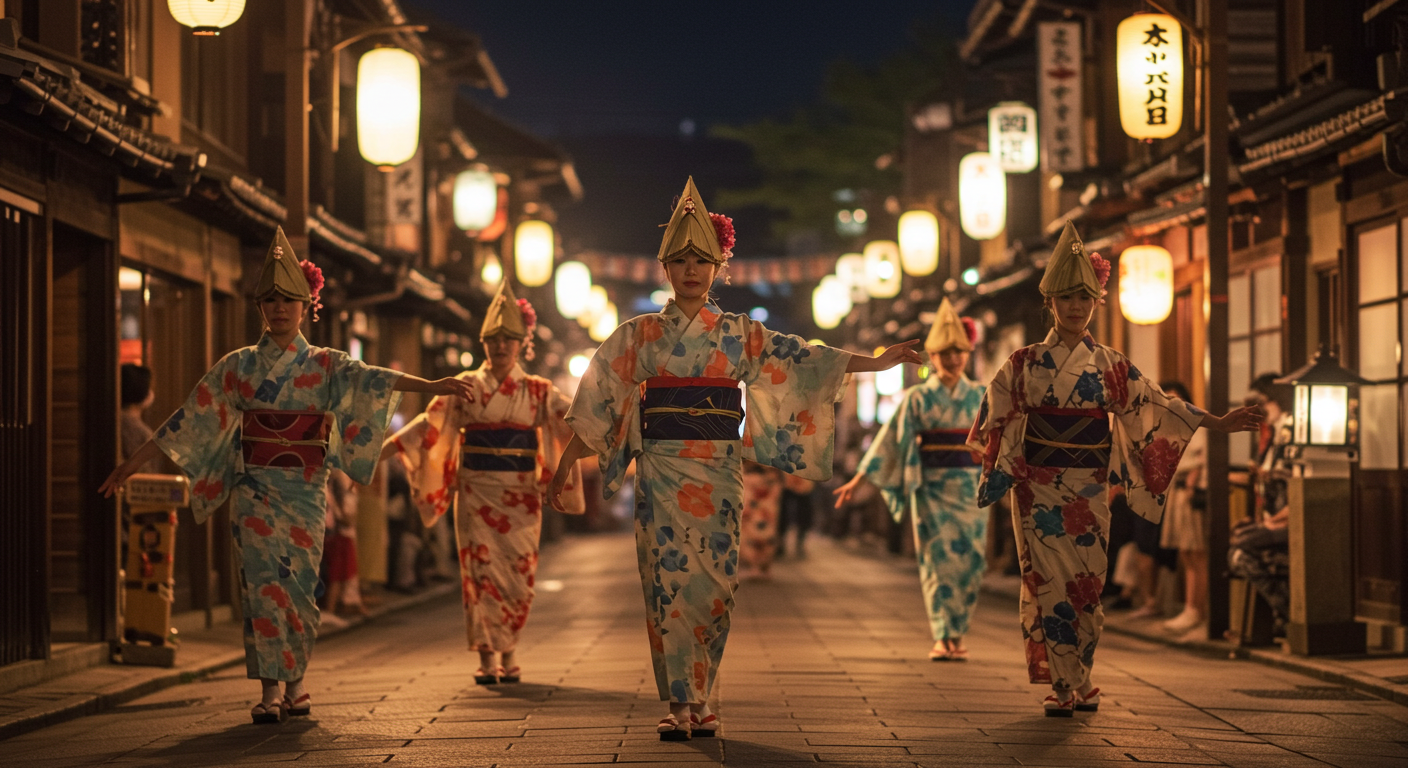 등불이 켜진 일본 전통 거리에서 삿갓을 쓰고 춤을 추는 오와라 카제노본 축제의 무용수들