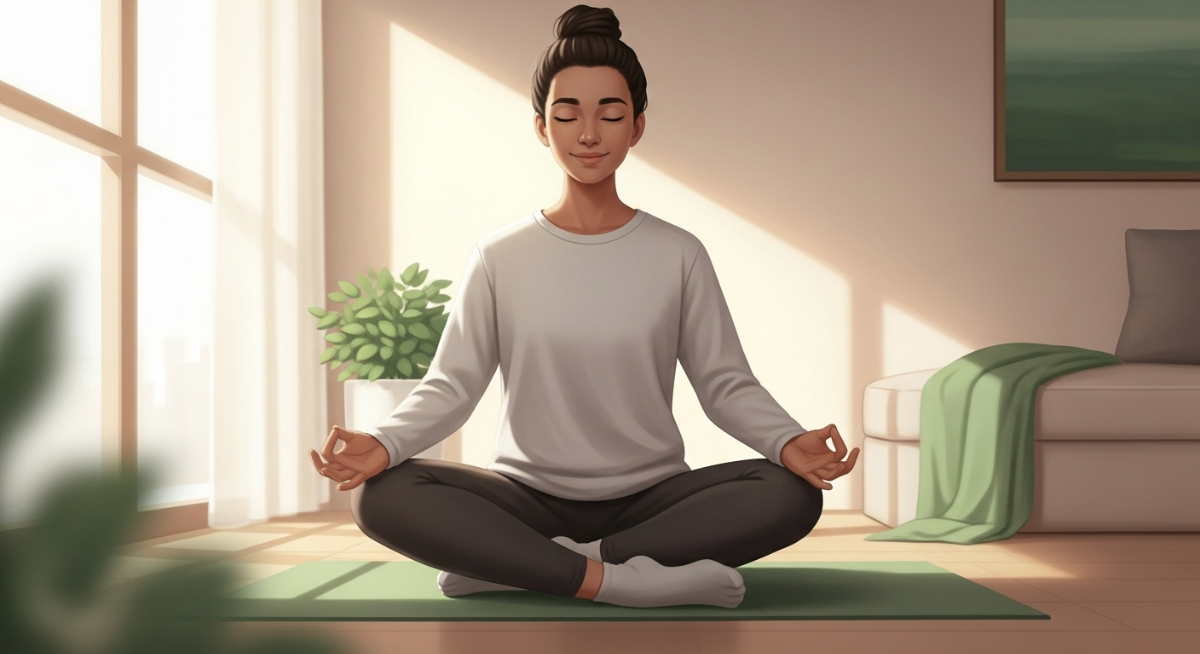 따뜻한 햇살이 비치는 아늑한 공간에서 평화롭게 명상하는 사람의 모습, 2026년 명상을 통한 스트레스 해소와 마음의 평온을 상징함.