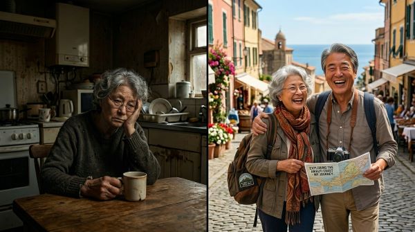 왼쪽:집에서 자식 걱정만 하는 엄마, 오른쪽: 아버지와 여행 다니며 행복해 하는 엄마