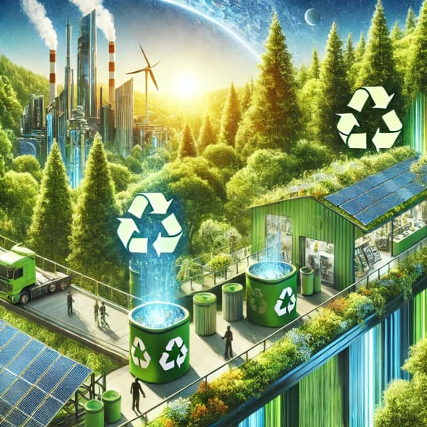 푸른 숲, 재활용 시스템, 태양광 패널, 친환경 건축물, 환경 보호 캠페인 이미지