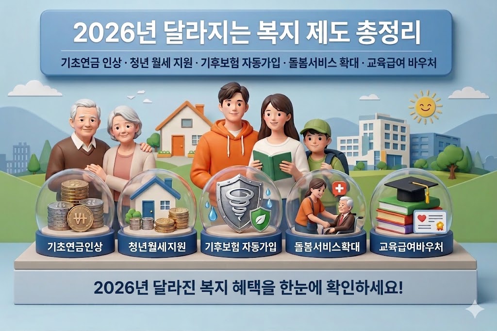 2026년 달라진 복지 제도 인포그래픽 이미지. 기초연금 인상, 청년 월세 지원, 기후보험 자동가입, 돌봄 서비스 확대, 교육급여 바우처 등 주요 복지 정책을 시각적으로 정리한 그림.