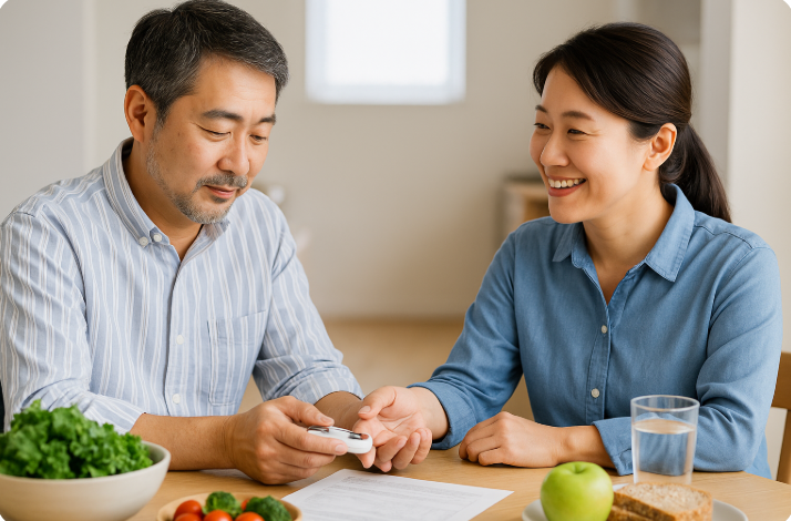 혈당 측정기를 사용하며 함께 건강을 점검하는 한국 중년 부부의 모습, 식탁 위에 채소와 과일, 물이 놓여 있음