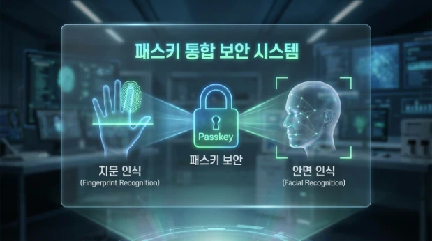 지문 인식과 안면 인식으로 작동하는 패스키 보안 시스템의 홀로그램 일러스트