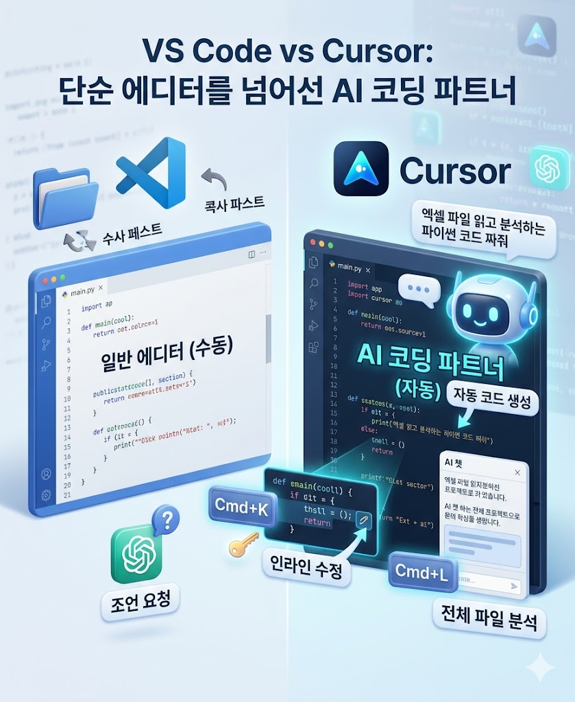 Cursor AI 코드 에디터와 VSCode 비교 일러스트