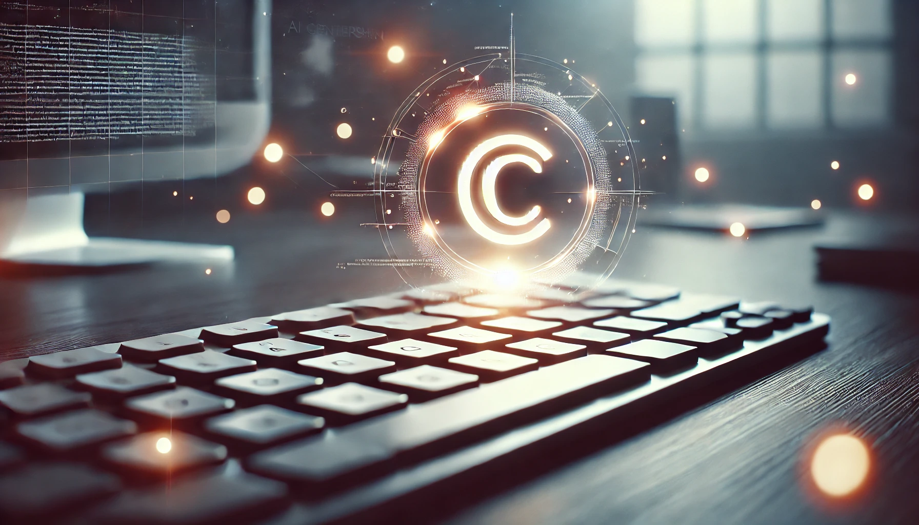 AI 소유권의 소유권 문제를 상징하는 키보드 위의 저작권 아이콘 이미지